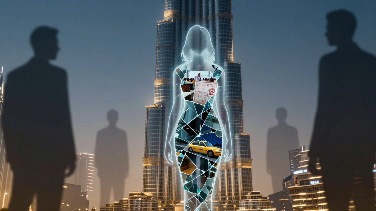 A glass-silhouetted woman in front of Burj Khalifa, shards reflecting life scenes, shadowy figures fading behind.